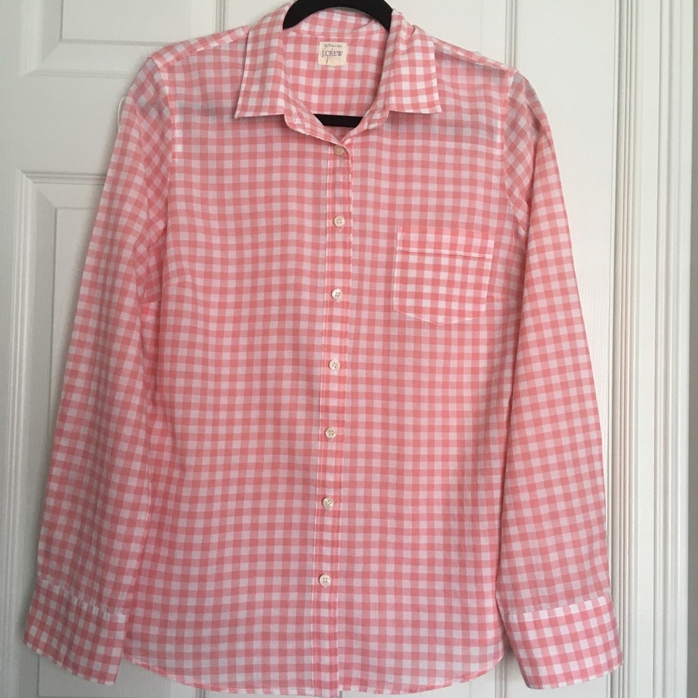 J. Crew  Perfect Shirt  Medium Gingham Plaid Pink White Button Down Shirt
